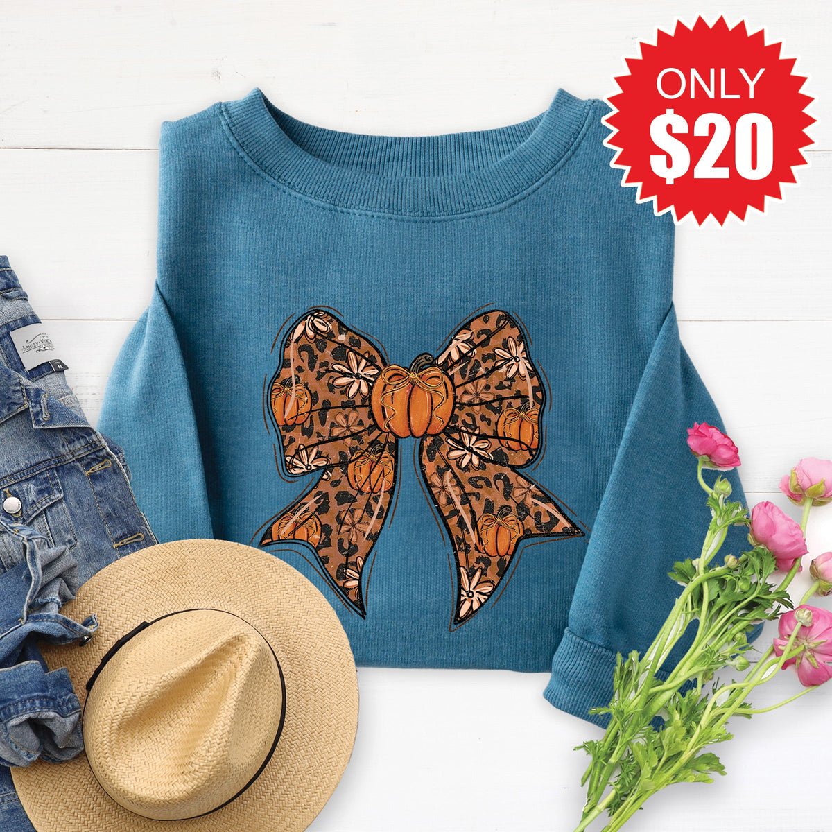 Pumpkin Bow Sweatshirt - Heather Deep Teal - 20 product image 1