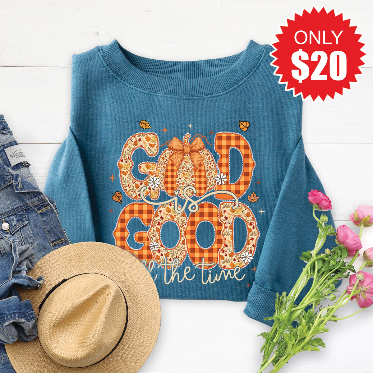 God is Good Fall Sweatshirt - Heather Deep Teal - 20 product image 1