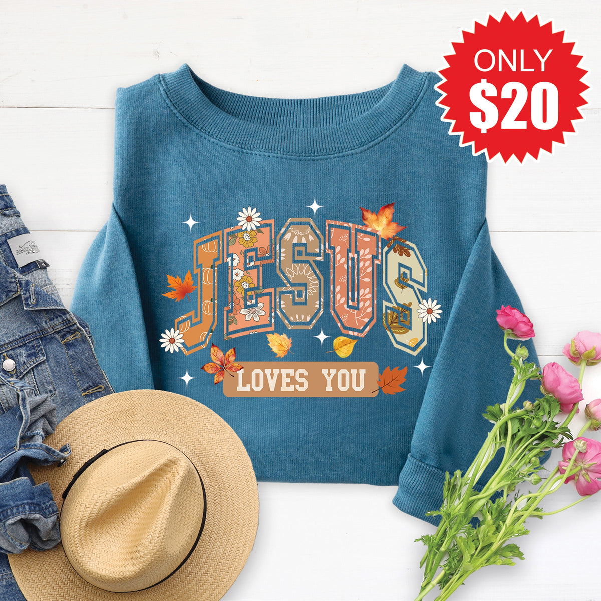 Jesus Loves You Sweatshirt - Heather Deep Teal - 20 product image 1
