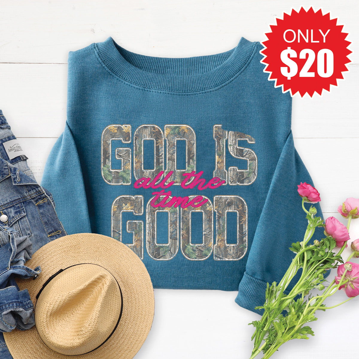 God Is Good Sweatshirt - Heather Deep Teal - 20 product image 1