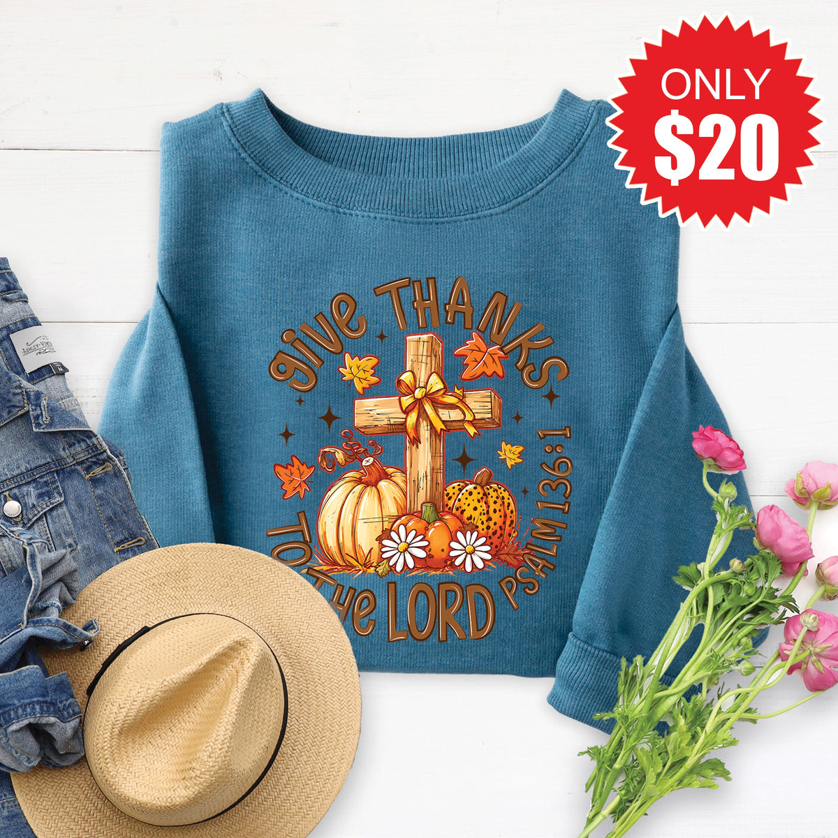Give Thanks Sweatshirt - Heather Deep Teal - 20 product image 1