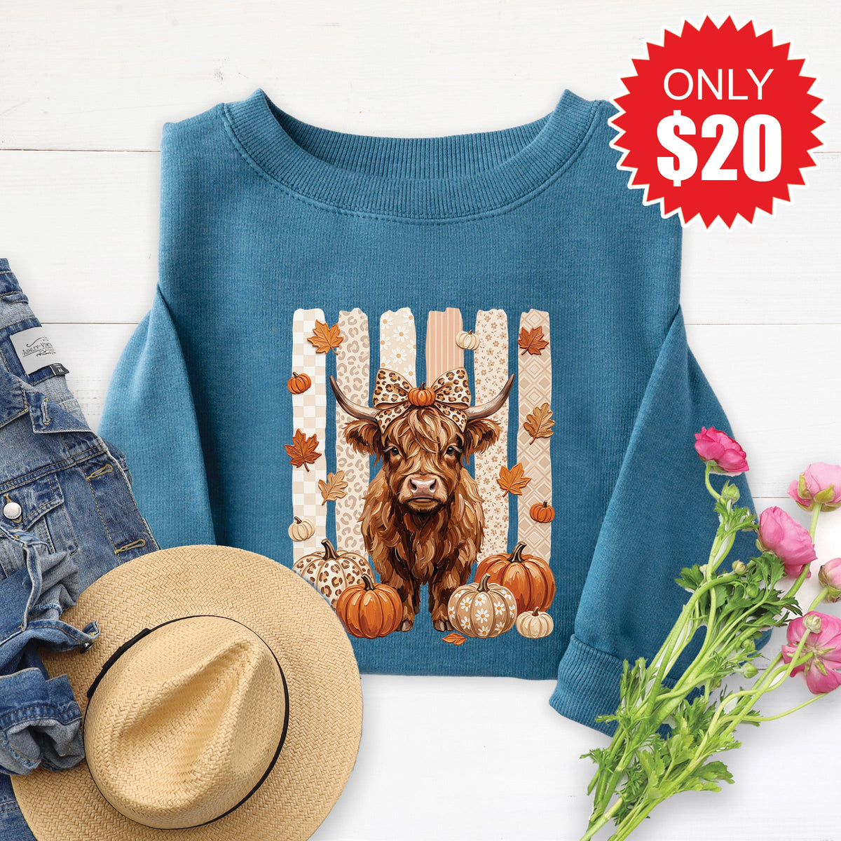 Fall Cow Sweatshirt - Heather Deep Teal - 20 product image 1