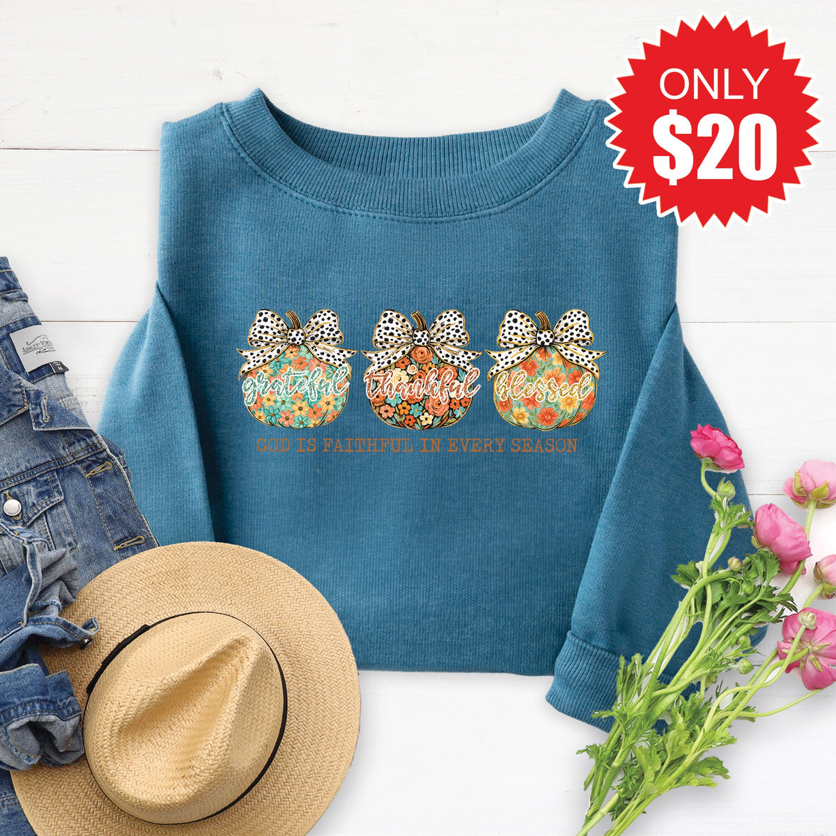 God is Faithful Sweatshirt - Heather Deep Teal - 20 product image 1