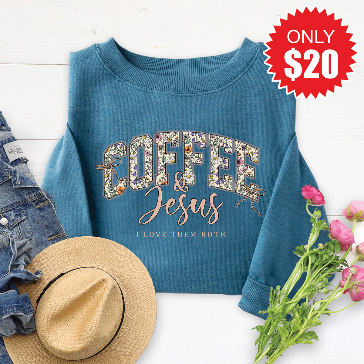 Coffee and Jesus Sweatshirt - Heather Deep Teal - 20 product image 1