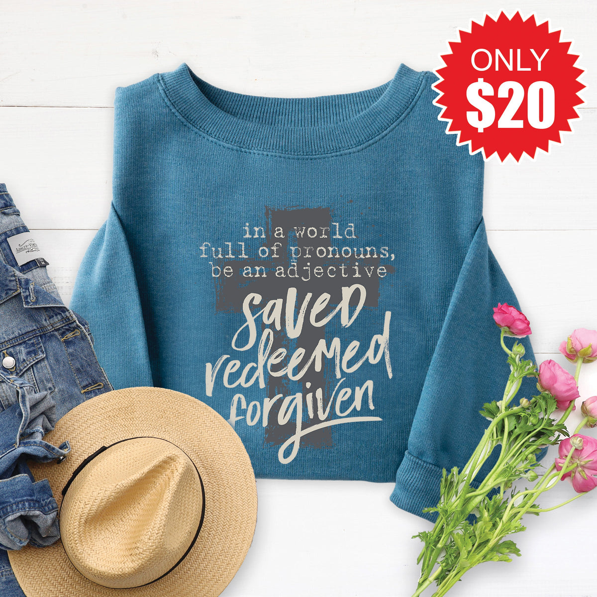 Saved Redeemed Forgiven Sweatshirt - Heather Deep Teal - 20 product image 1