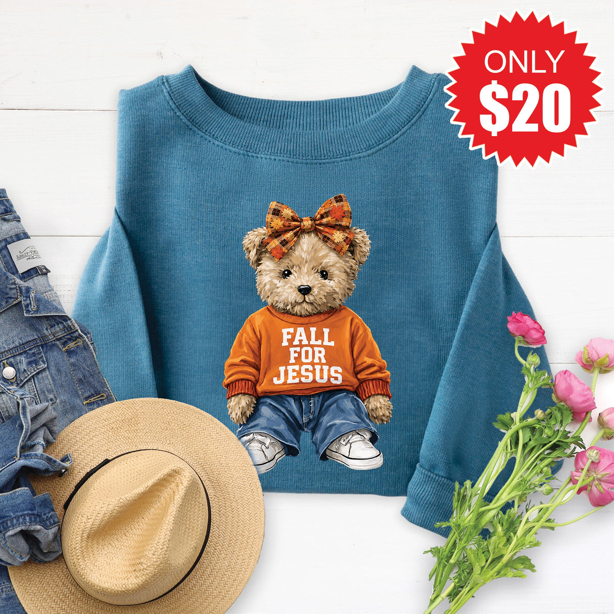 Fall For Jesus Teddy Bear Sweatshirt - Heather Deep Teal product image 1