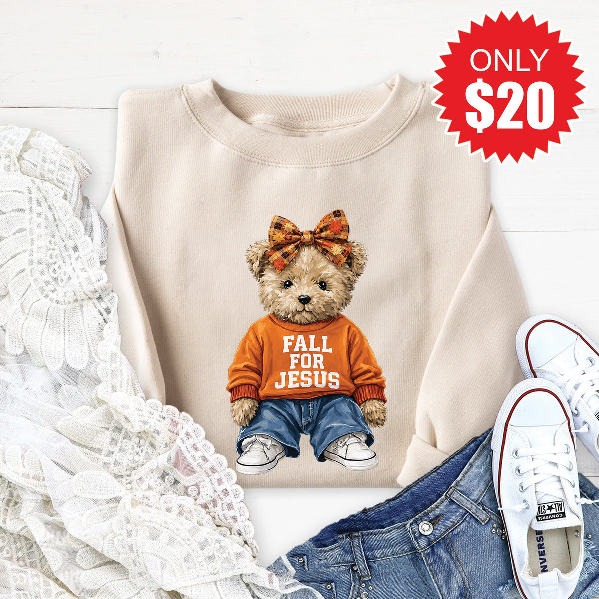 Fall For Jesus Teddy Bear Sweatshirt - Heather Dust - 20 product image 1