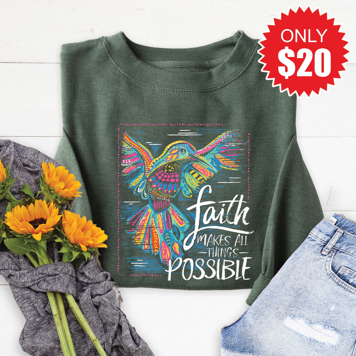 Faith Hummingbird Sweatshirt - Heather Forest - 20 product image 1
