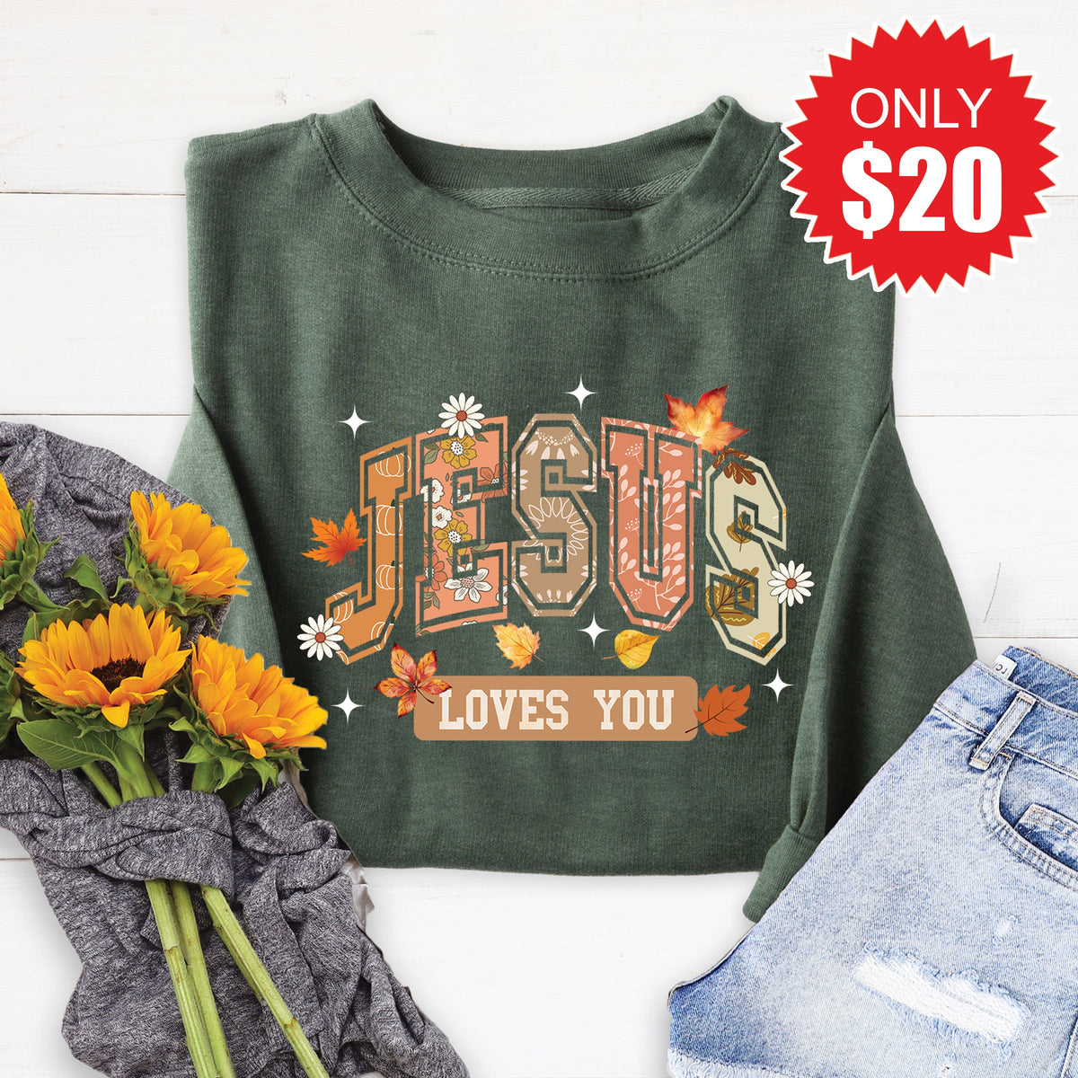 Jesus Loves You Sweatshirt - Heather Forest - 20 product image 1