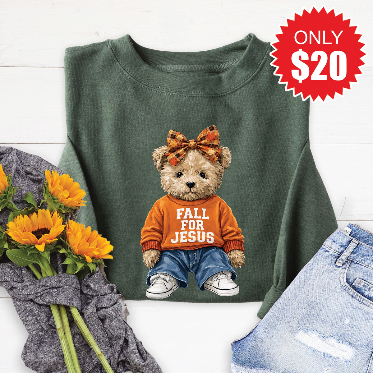 Fall For Jesus Teddy Bear Sweatshirt - Heather Forest - 20 product image 1