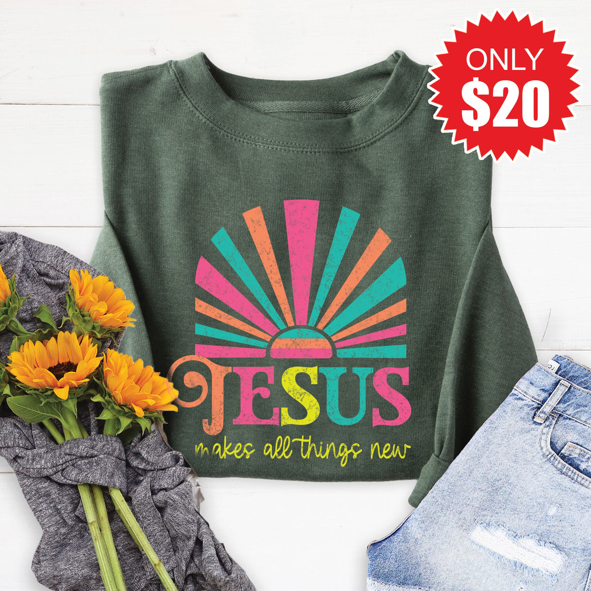 Jesus Makes All Things New Sweatshirt - Heather Forest - 20 product image 1