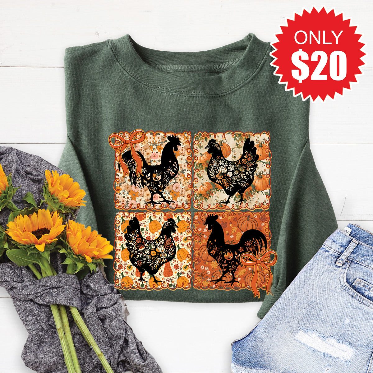 Chicken Patchwork Sweatshirt - Heather Forest - 20 product image 1