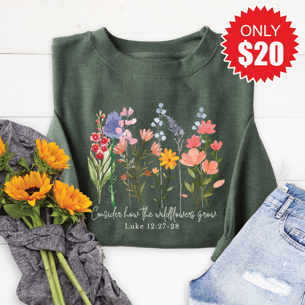Wild Flowers Grow Sweatshirt - Heather Forest - 20 product image 1