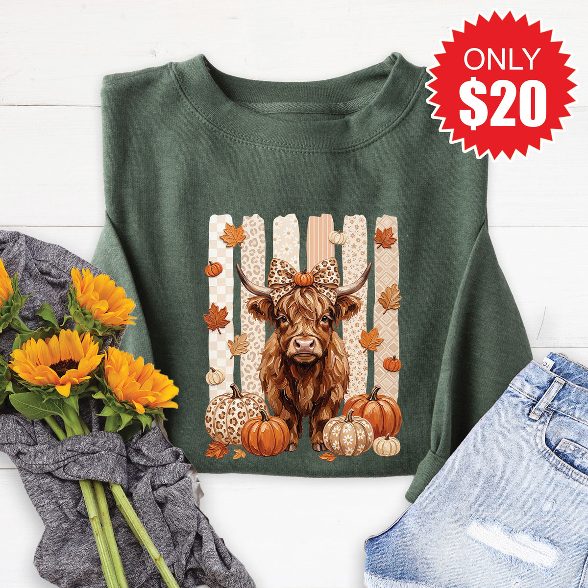 Fall Cow Sweatshirt - Heather Forest - 20 product image 1