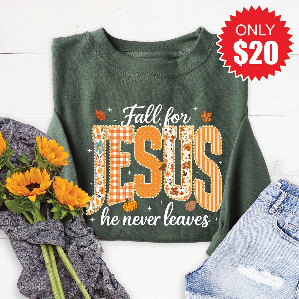 Fall For Jesus Sweatshirt - Heather Forest - 20 product image 1