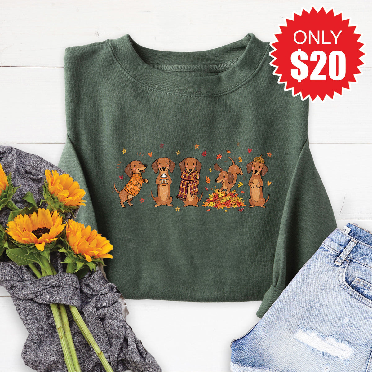 Fall Dachshund Sweatshirt - Heather Forest - 20 product image 1