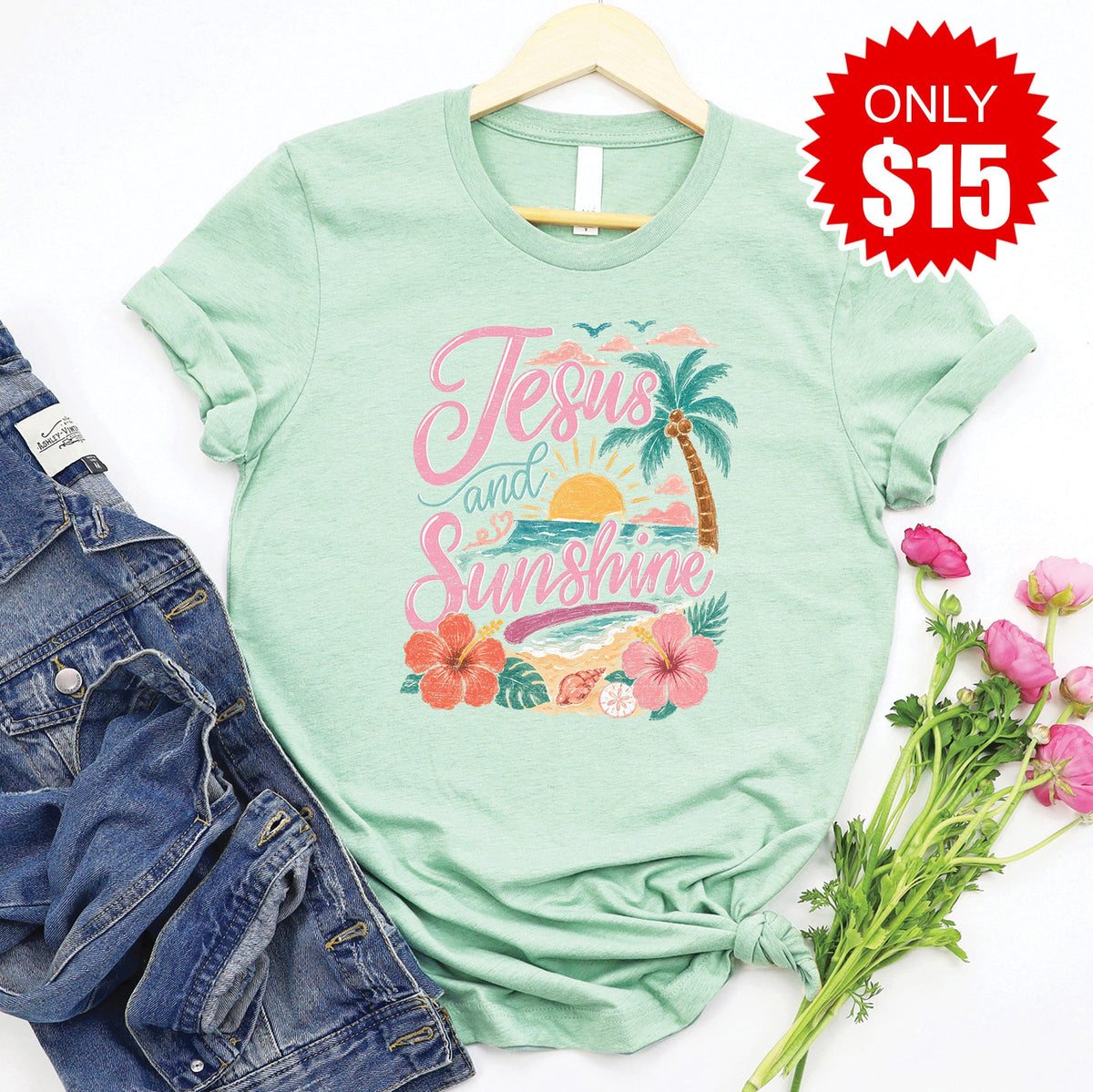 Jesus and Sunshine Tee - Heather Honeydew - 15 product image 1