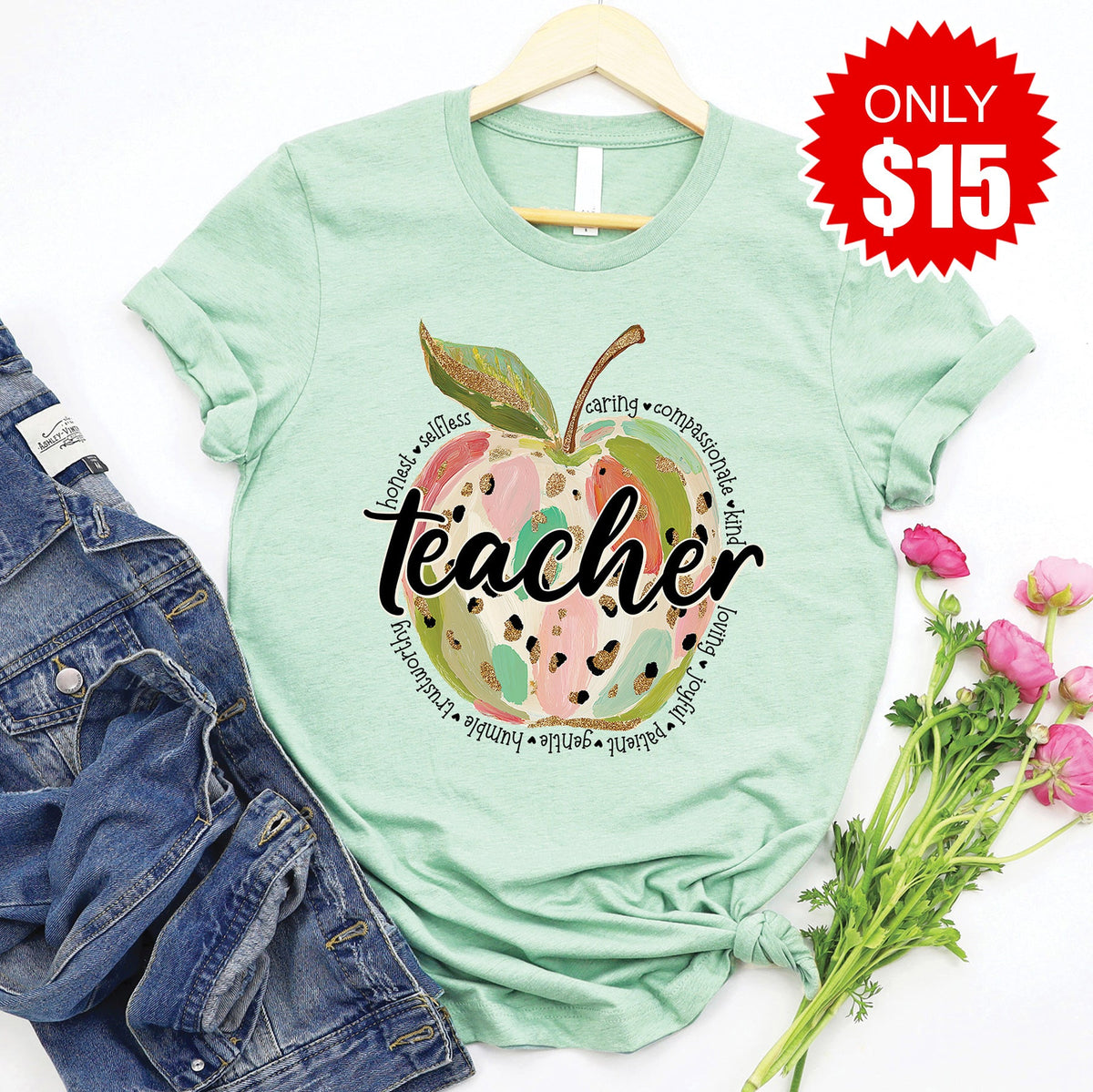 Teacher Apple Tee - Heather Honeydew - 15 product image 1