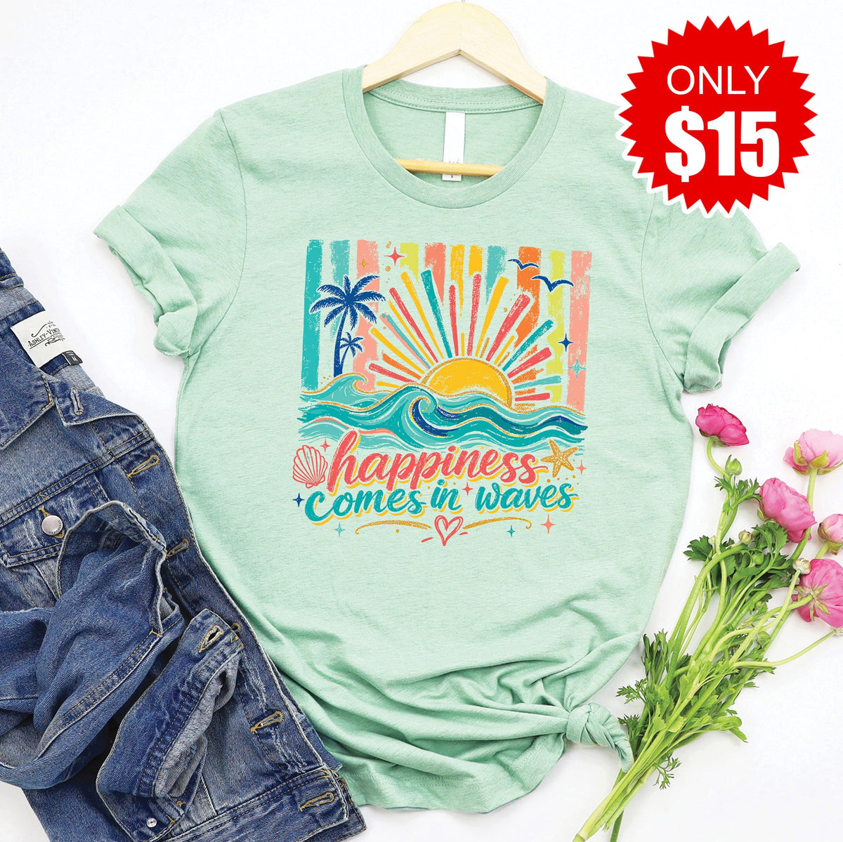 Happiness Comes In Waves Tee - Heather Honeydew - 15 product image 1