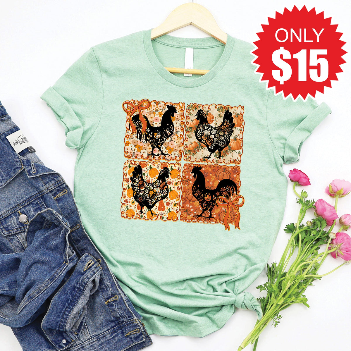 Chicken Patchwork Tee - Heather Honeydew - 15 product image 1