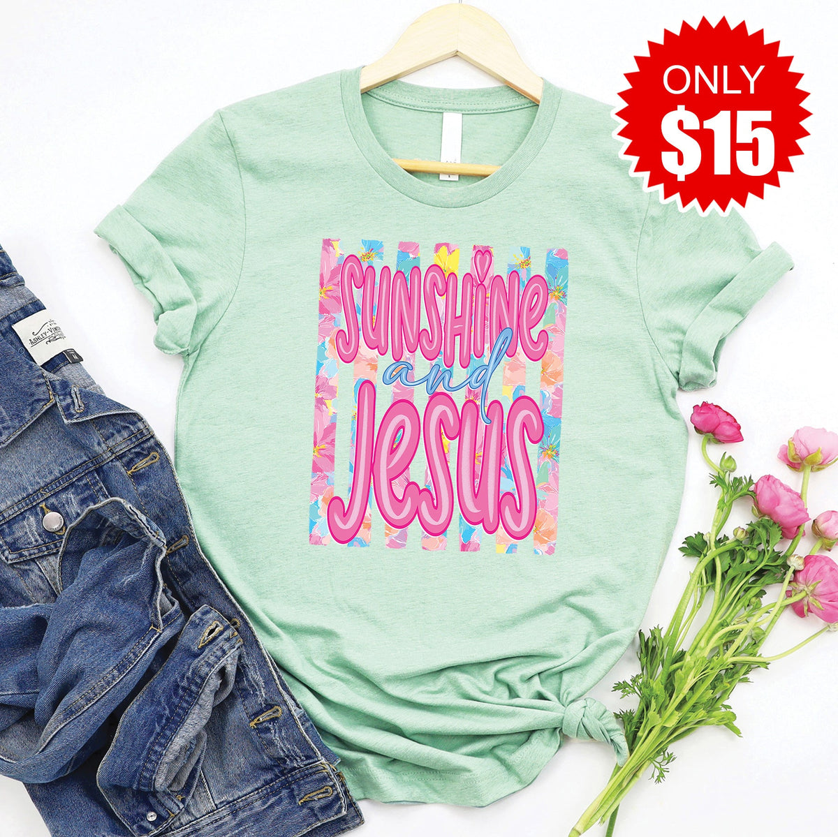 Sunshine and Jesus Tee - Heather Honeydew - 15 product image 1