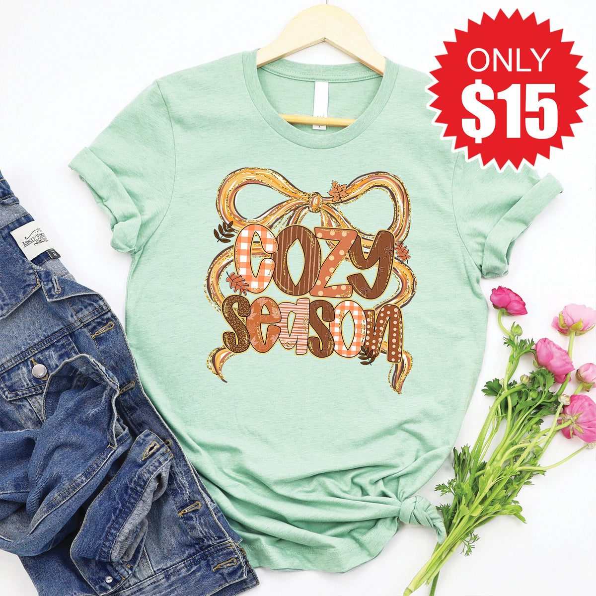 Cozy Season Bow Tee - Heather Honeydew - 15 product image 1