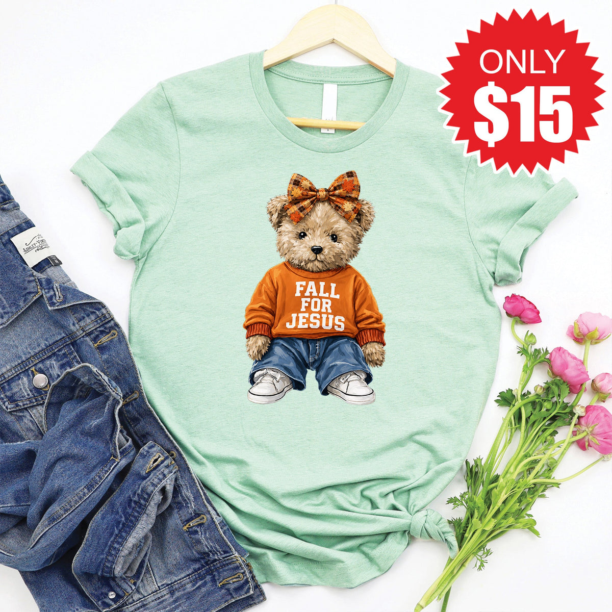 Fall For Jesus Teddy Bear Tee - Heather Honeydew - 15 product image 1