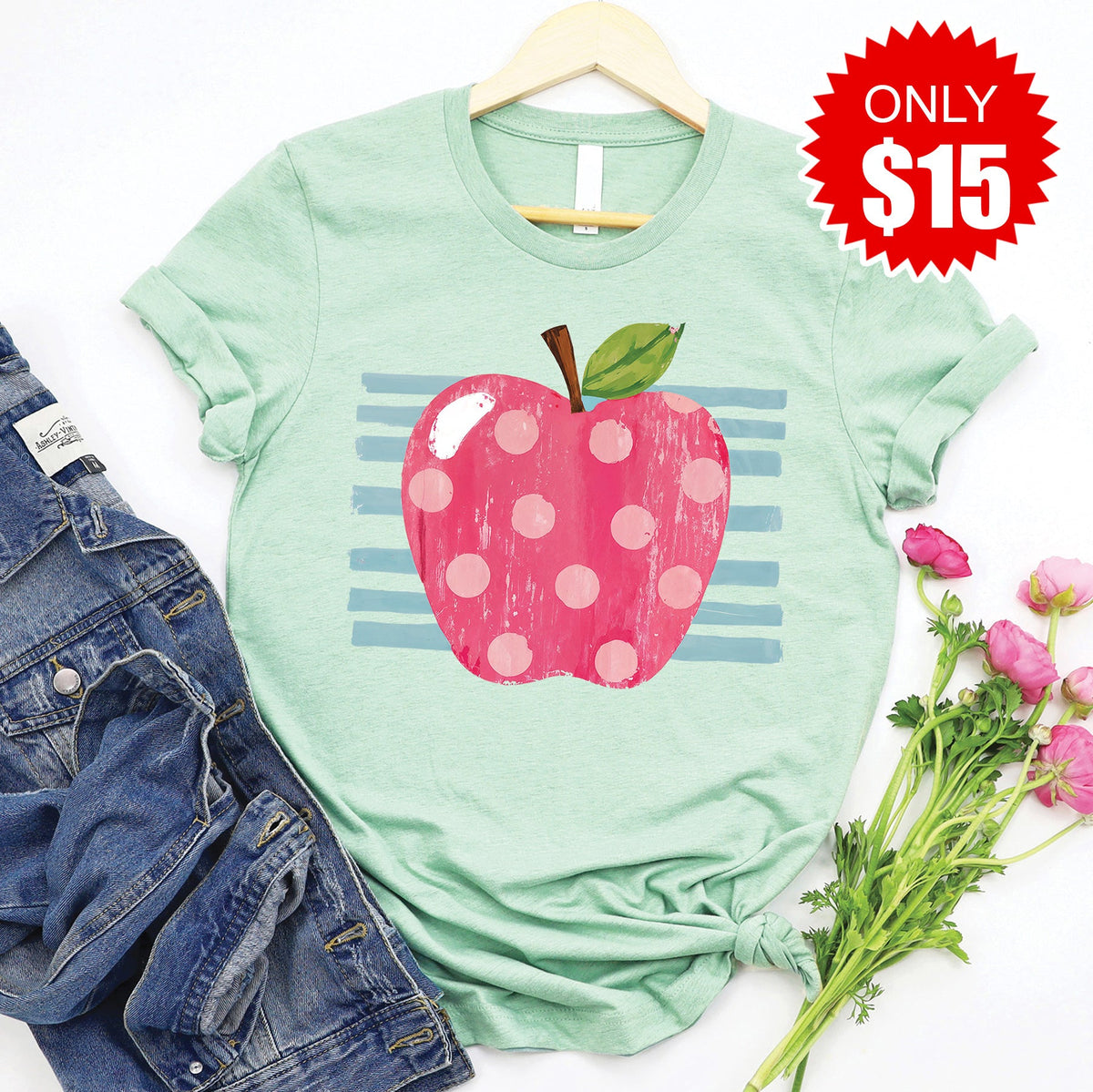 Teacher Apple Tee - Heather Honeydew - 15 product image 1