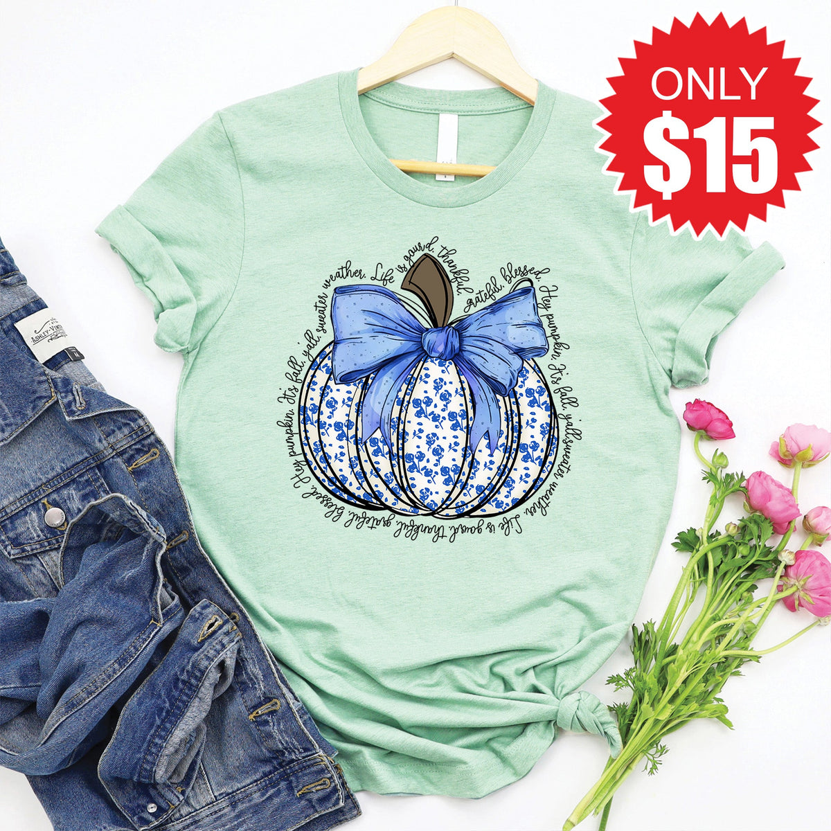 Blue Floral Pumpkin Tee - Heather Honeydew - 15 product image 1