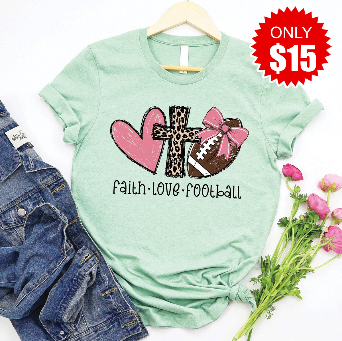 Faith Love Football Tee - Heather Honeydew - 15 product image 1