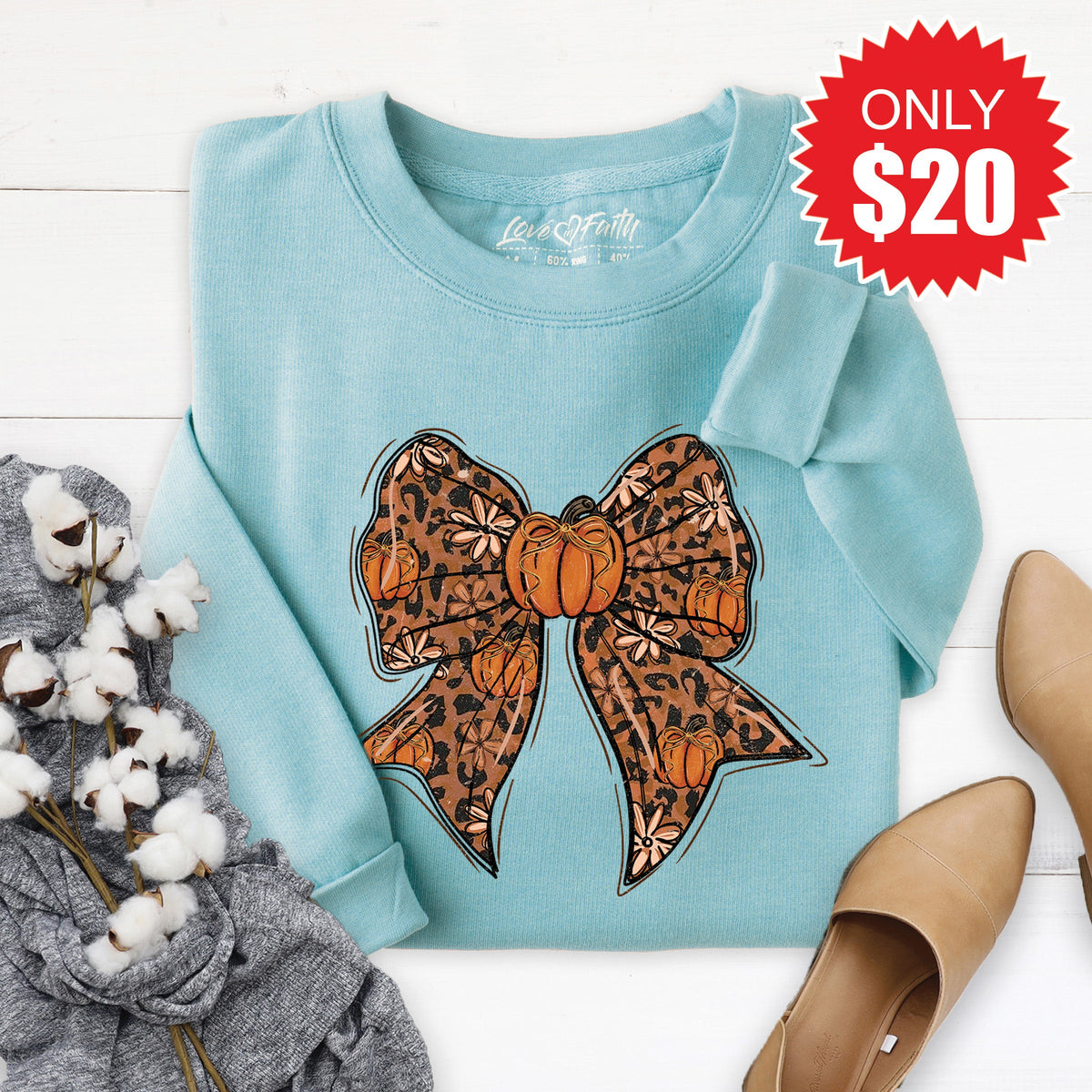 Pumpkin Bow Sweatshirt - Heather Lagoon - 20 product image 1