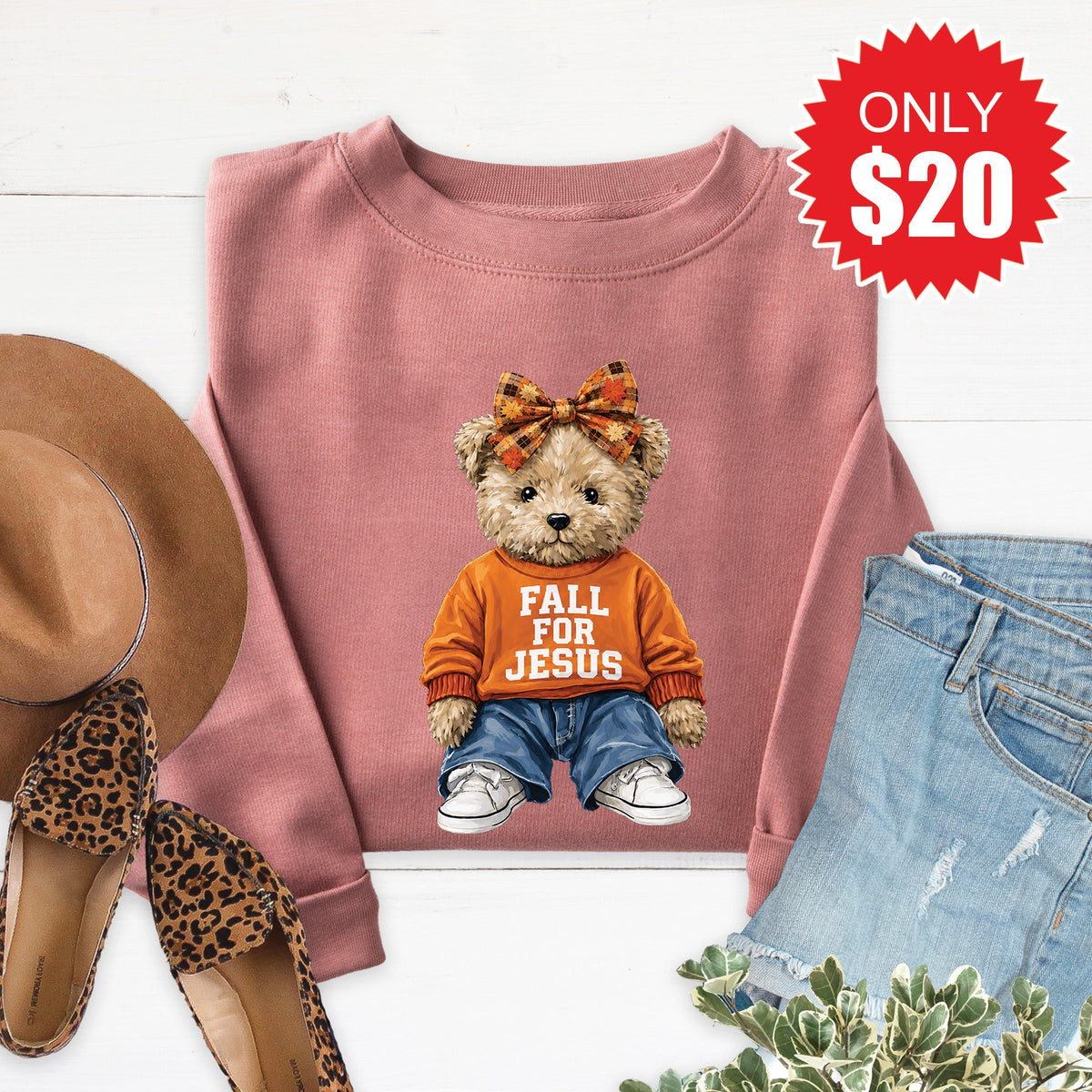 Fall For Jesus Teddy Bear Sweatshirt - Heather Mauve - 20 product image 1