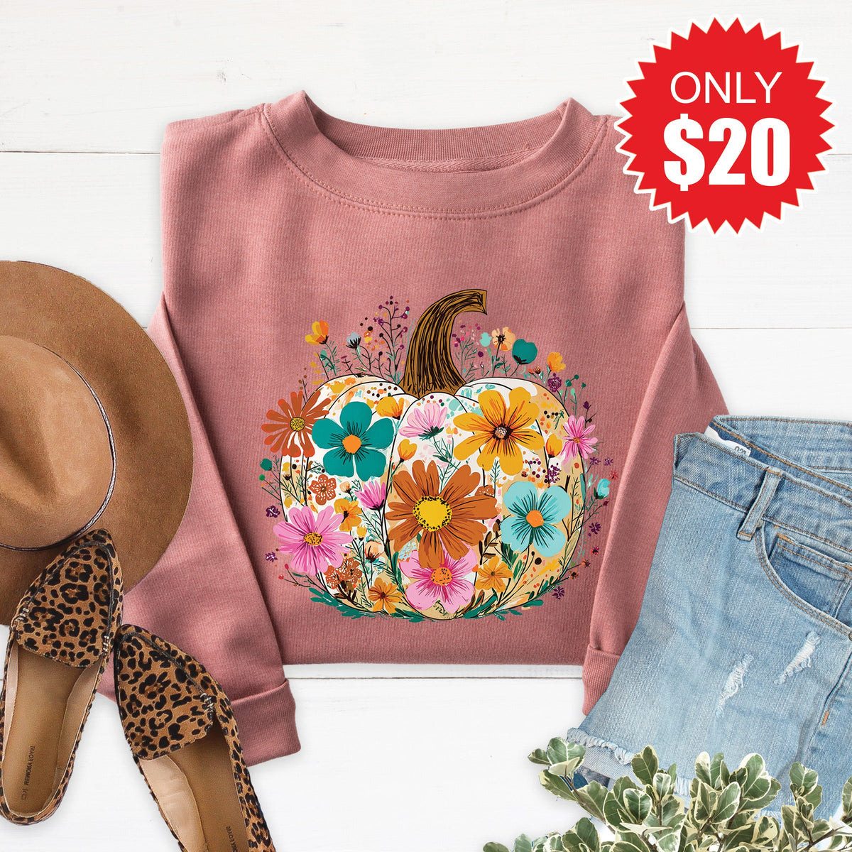 Pumpkin Boho Floral Sweatshirt - Heather Mauve - 20 product image 1