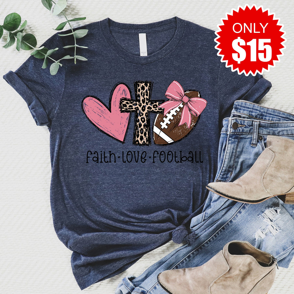 Faith Love Football Tee - Heather Navy - 15 product image 1