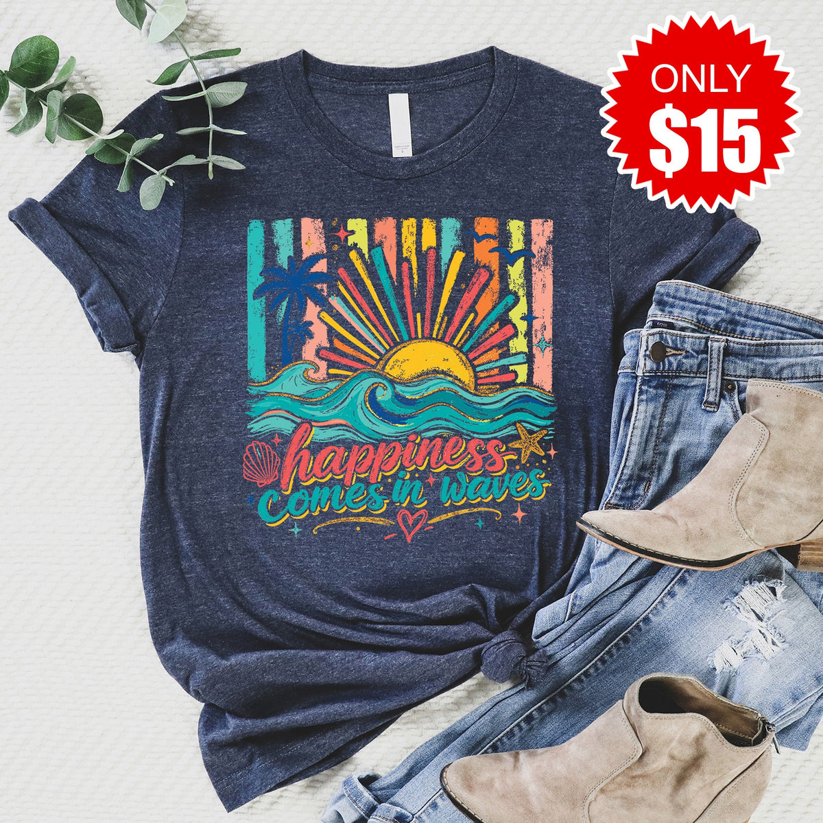 Happiness Comes In Waves Tee - Heather Navy - 15 product image 1