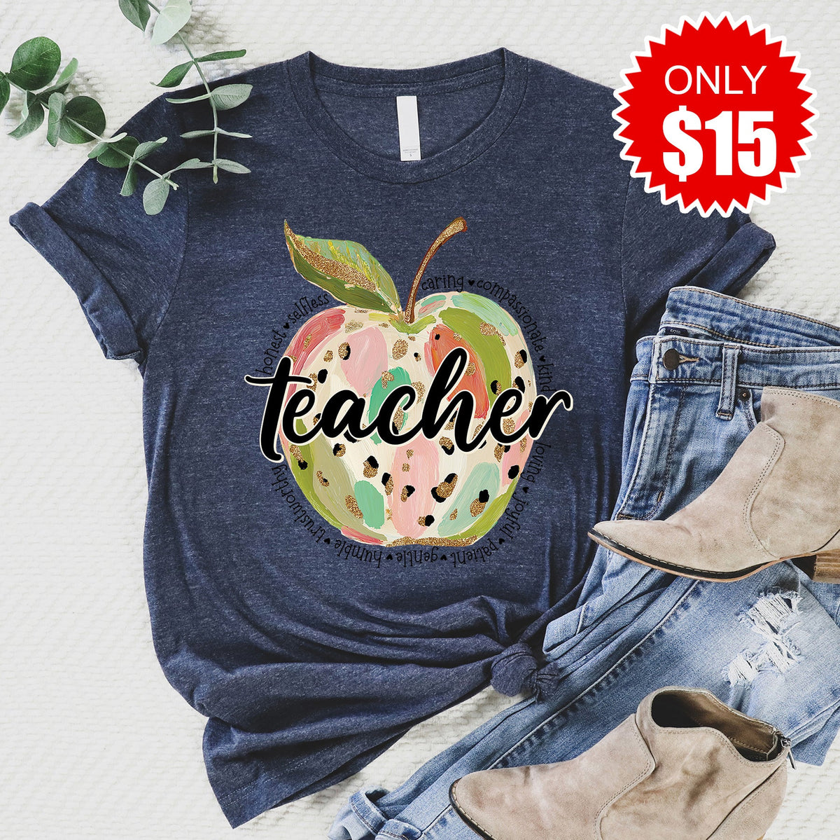 Teacher Apple Tee - Heather Navy - 15 product image 1