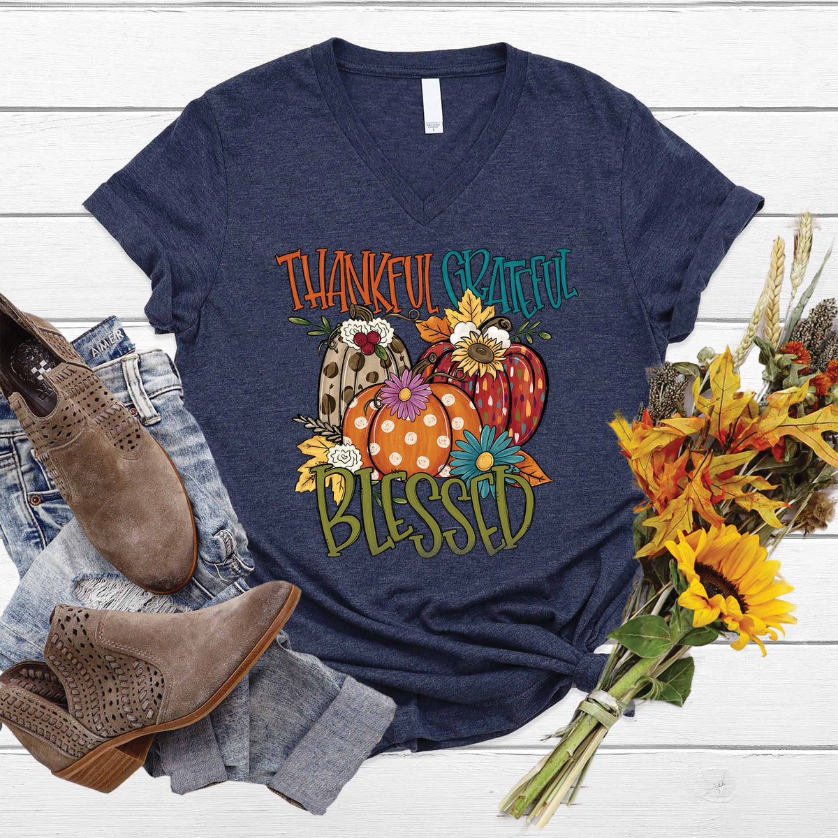 Thankful Grateful Blessed Fall V-Neck product image 1