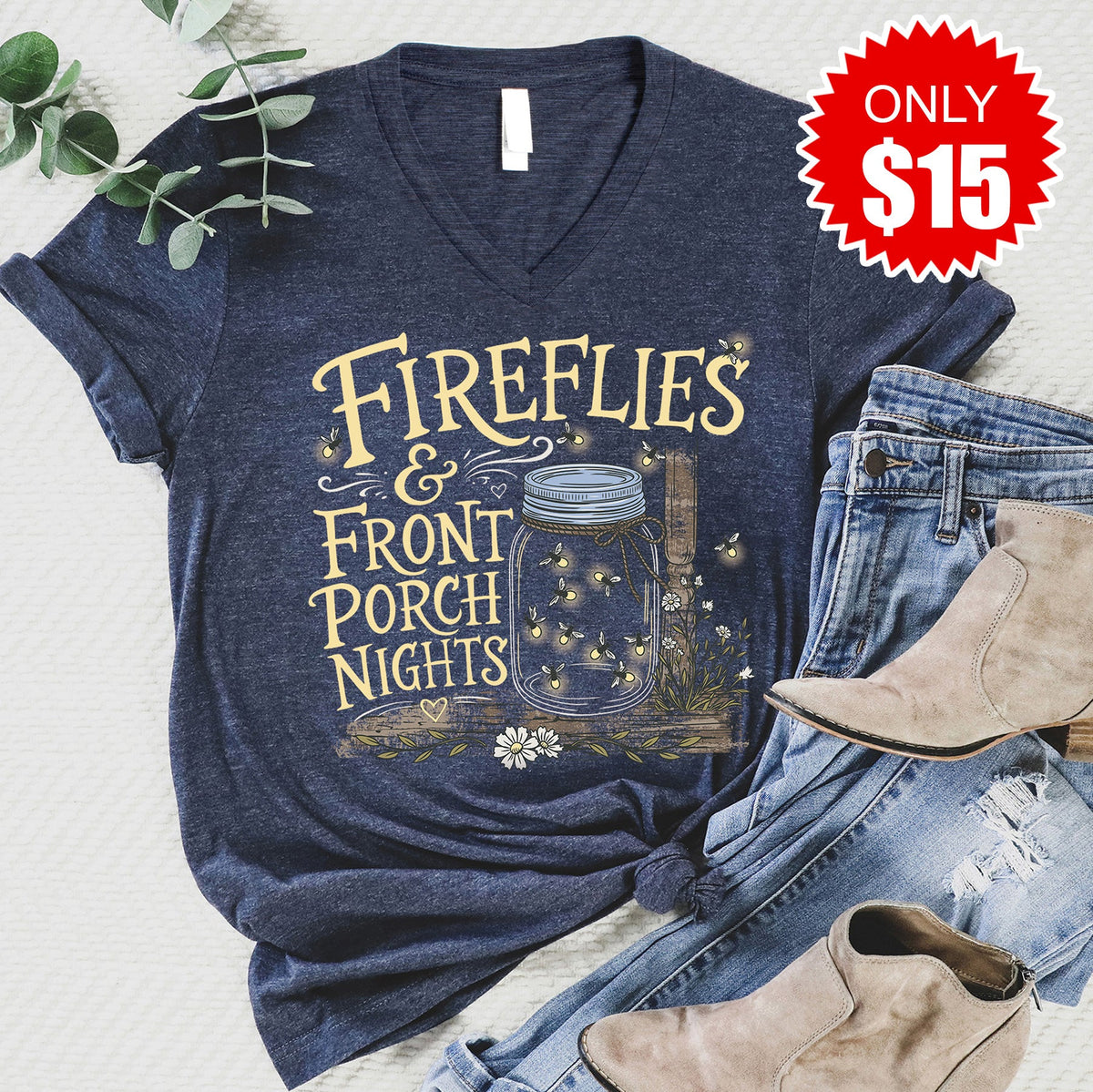 Fireflies V-Neck - Heather Navy - 15