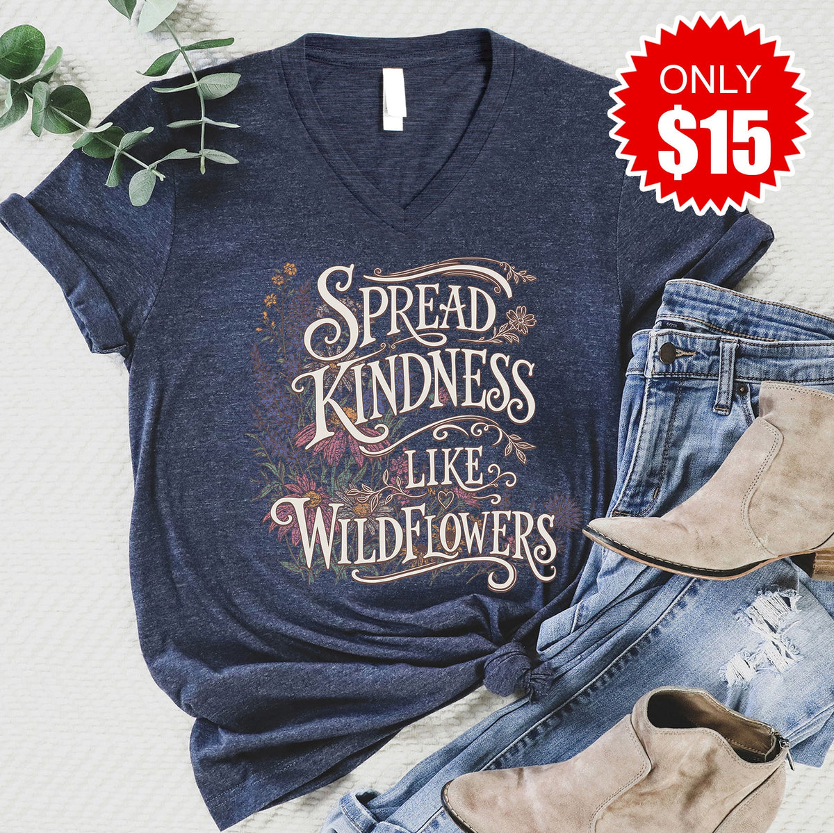 Wildflowers V-Neck - Heather Navy - 15