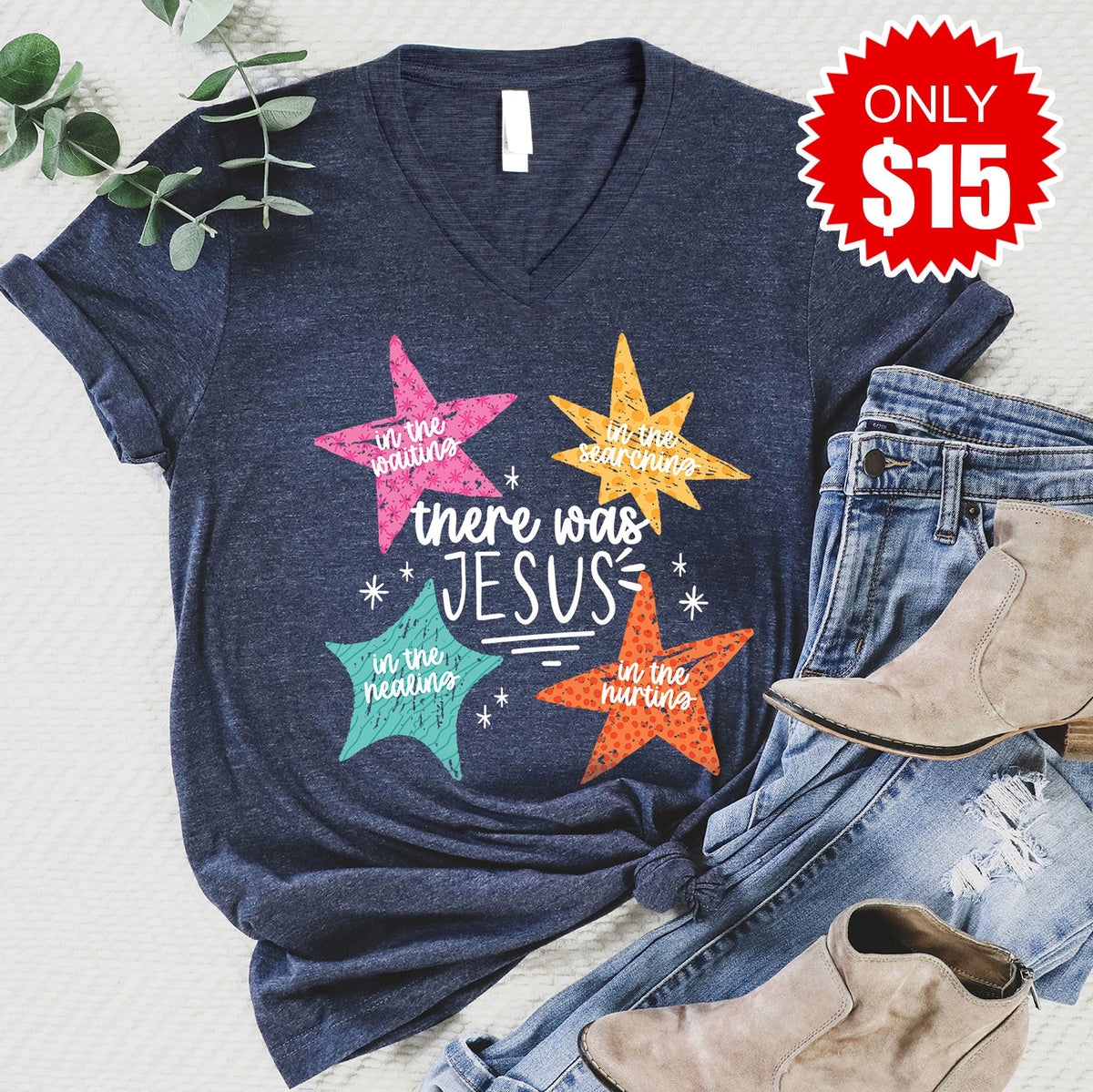 There Was Jesus V-Neck - Heather Navy - 15
