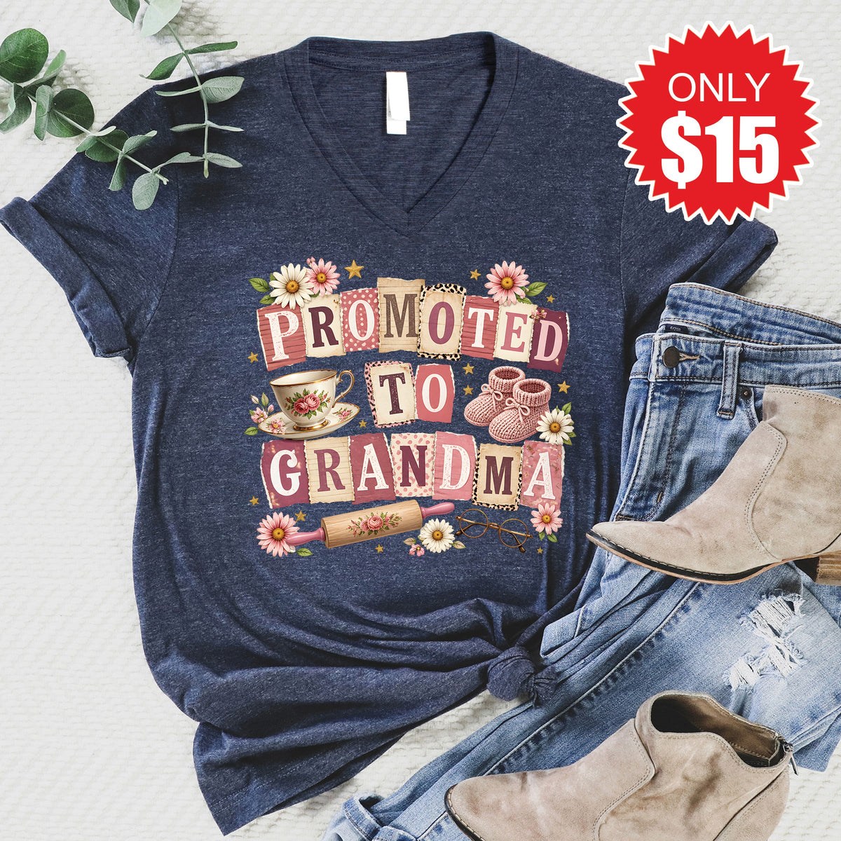 Promoted To Grandma V-Neck - Heather Navy - 15