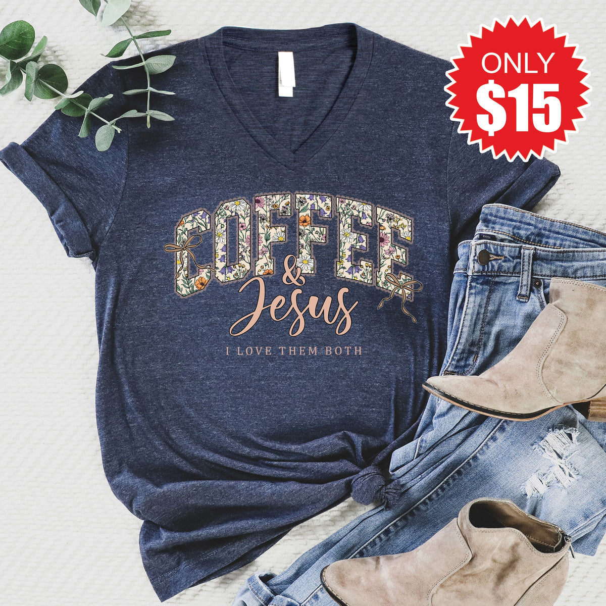 Coffee and Jesus V-Neck - Heather Navy - 15