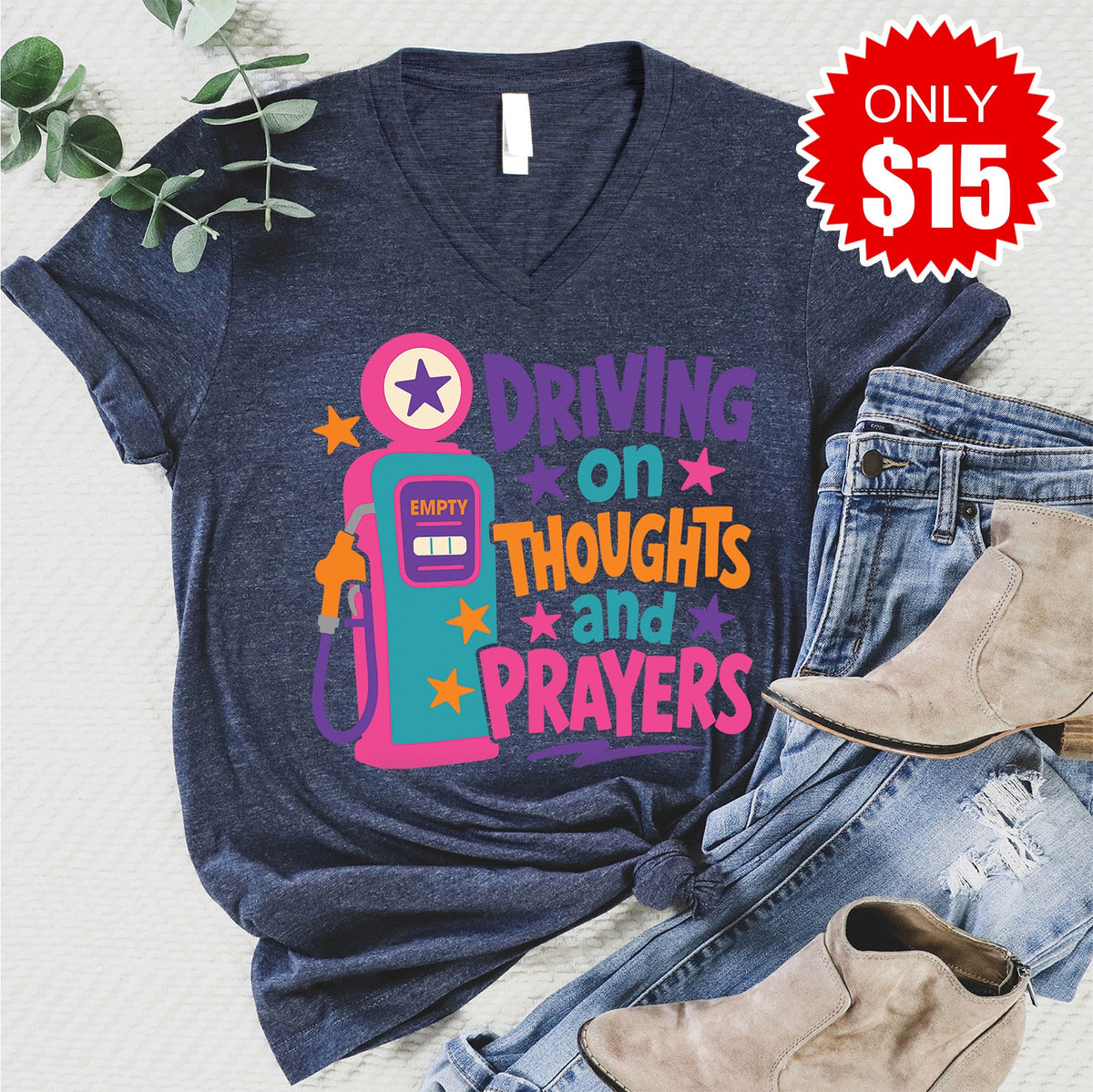 Driving On Thoughts V-Neck - Heather Navy - 15