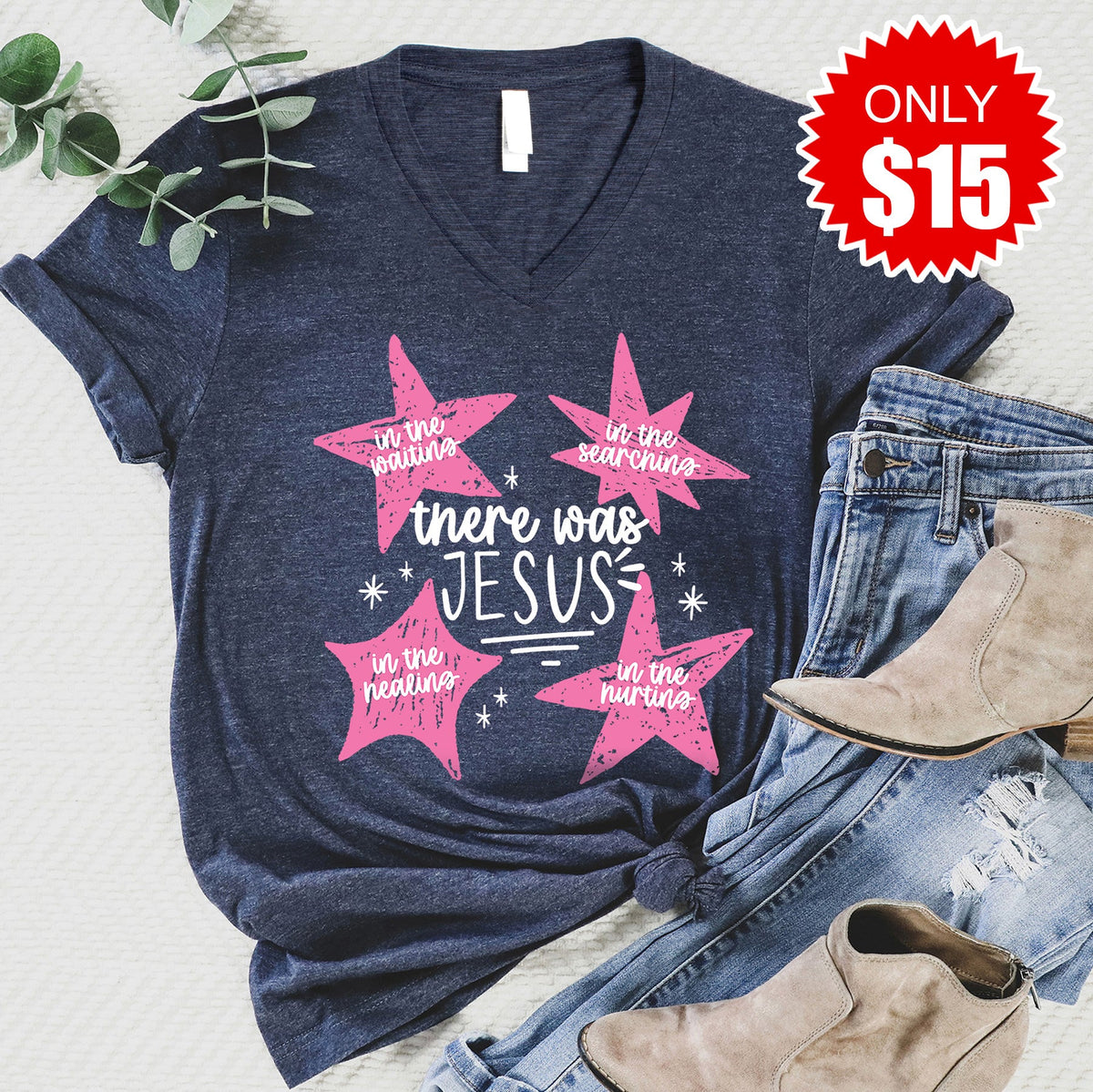 There Was Jesus V-Neck - Heather Navy - 15