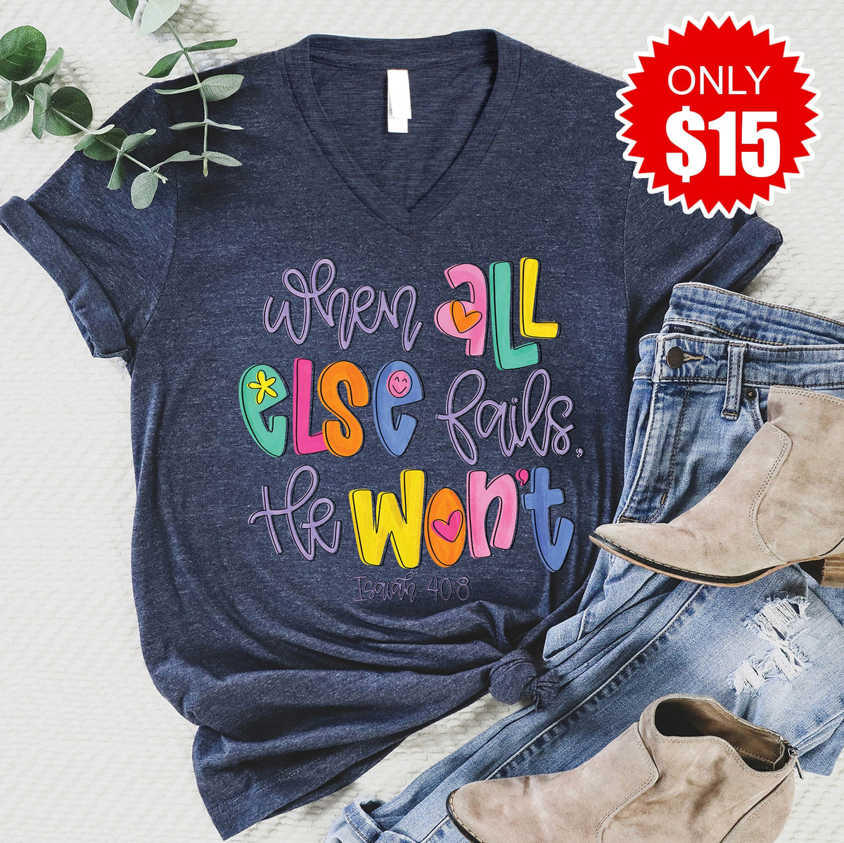 He Wont Fail V-Neck - Heather Navy - 15
