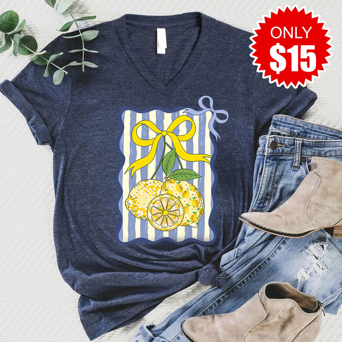Summer Lemons V-Neck - Heather Navy - 15