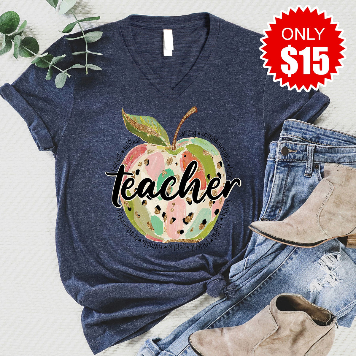 Teacher Apple V-Neck - Heather Navy - 15
