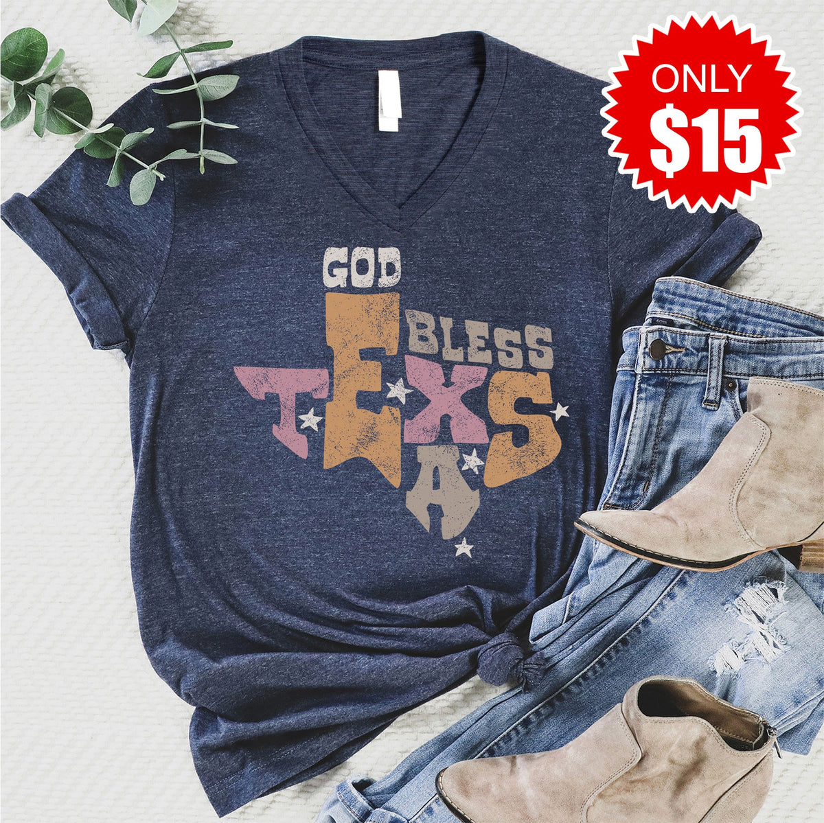 God Bless Texas V-Neck - Heather Navy - 15