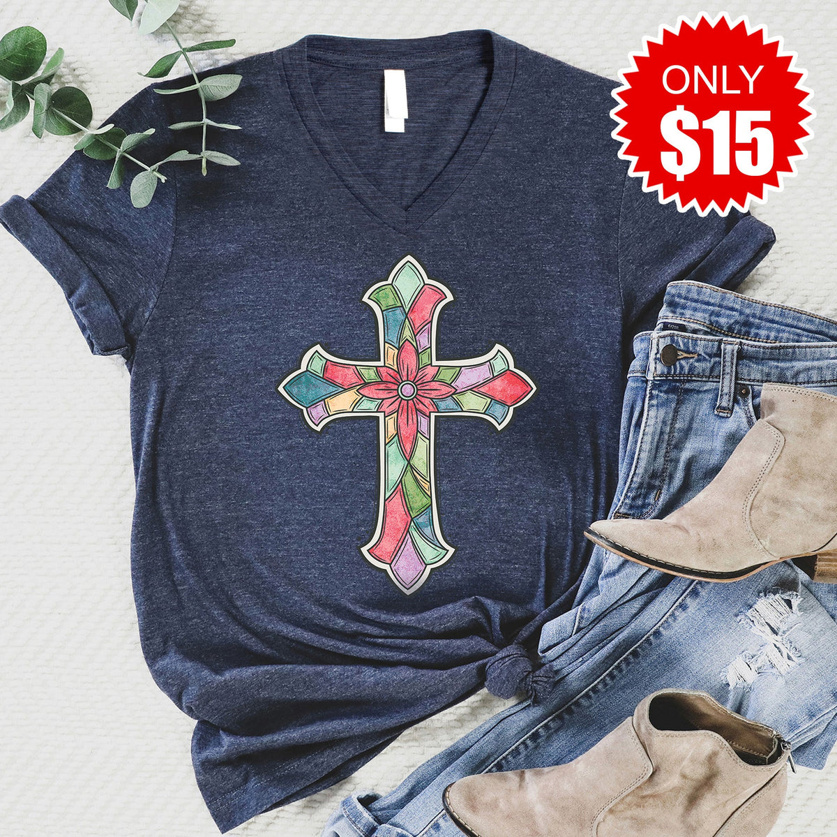 Stained Glass Cross V-Neck - Heather Navy - 15