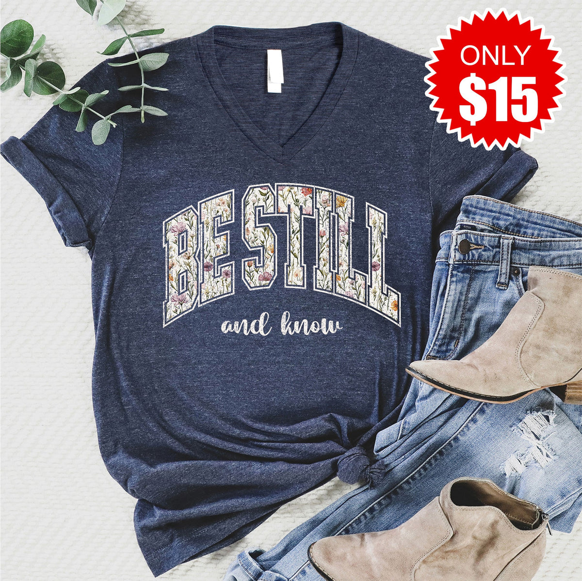 Be Still V-Neck - Heather Navy - 15